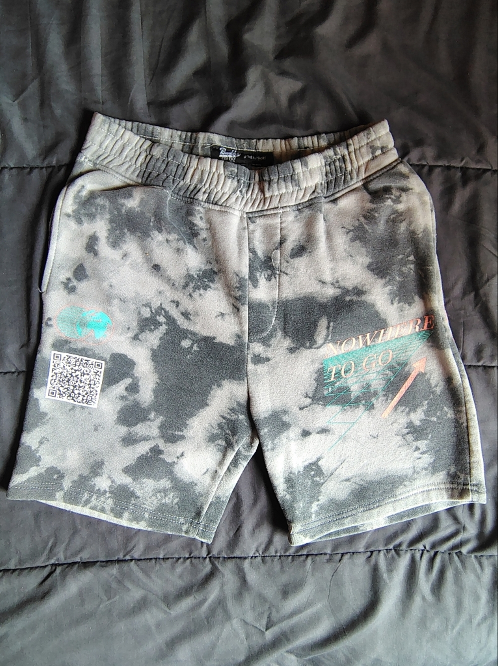 Gray Tie-Dye Fleece Shorts with Teal Accent